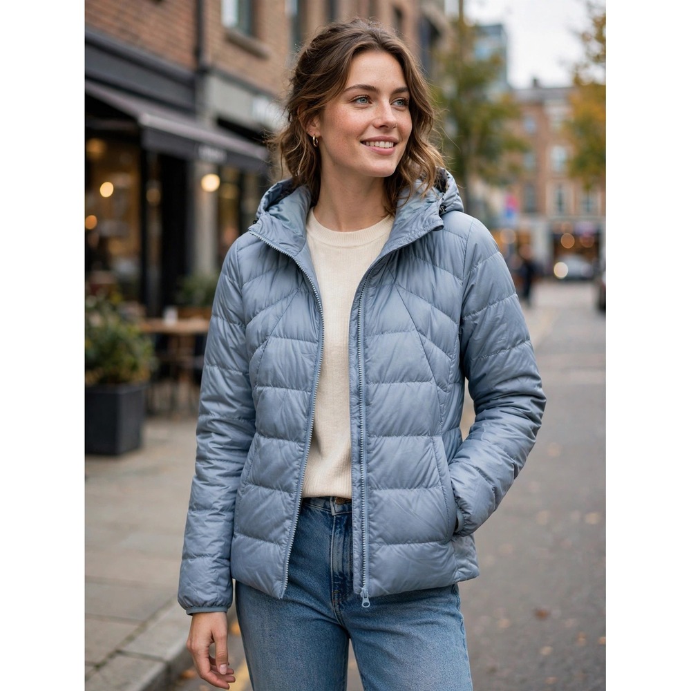Quince Lightweight Down Packable Puffer Hooded Jacket Dewstone Blue XS Repair